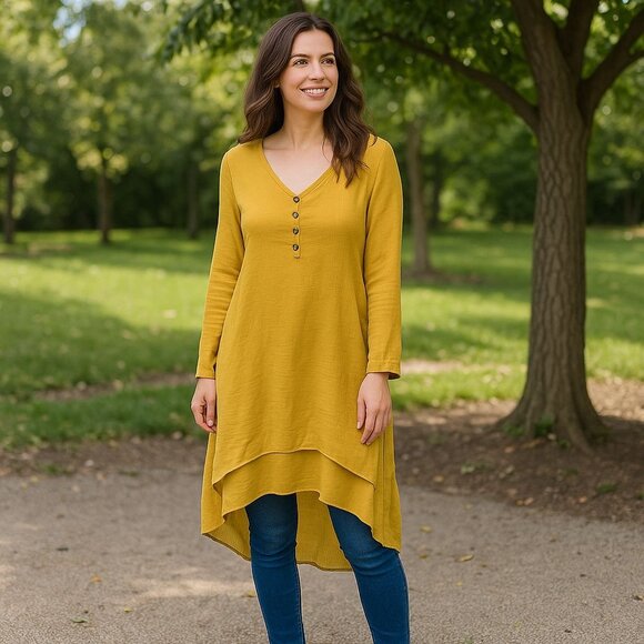 Yellow Asymmetrical Hem Long Sleeve Tunic Dress Large - Picture 1 of 7